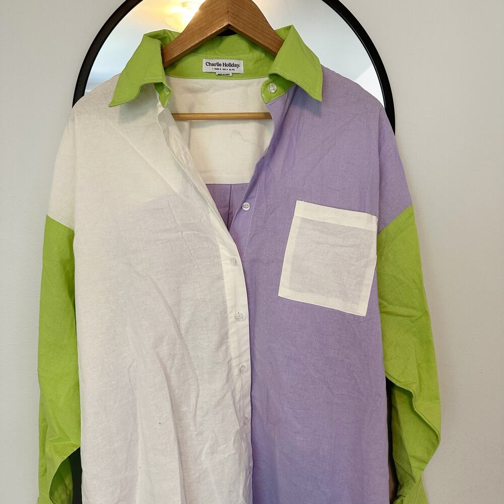 Charlie Holiday Colorblock Linen Cotton Button Up Shirt Dress Small Lavender - Picture 4 of 7